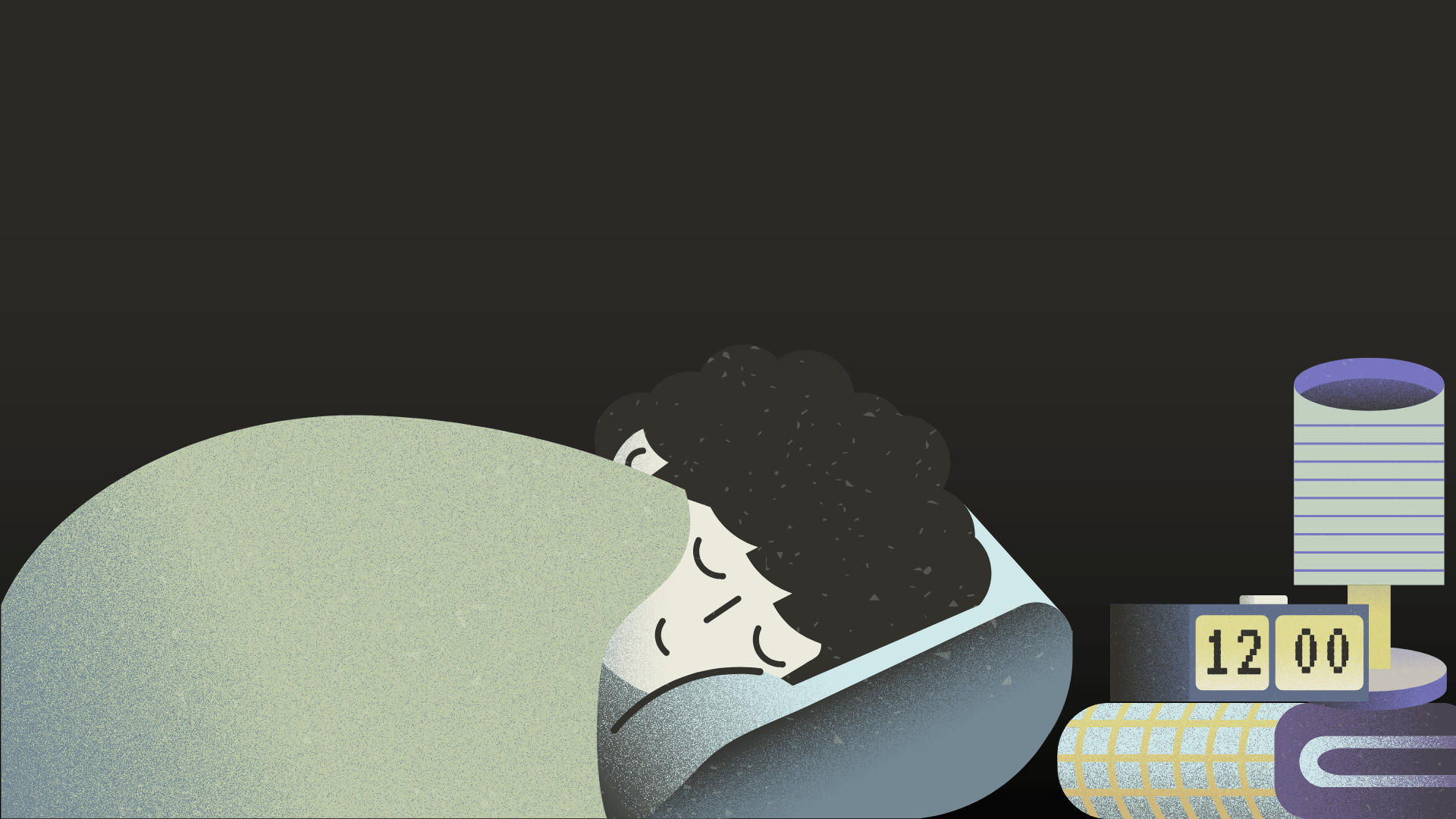 Illustration of a person sleeping beside an alarm clock, for the article What Is Sleep?
